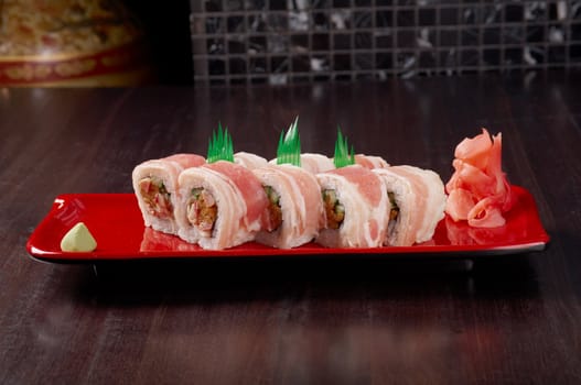 Japanese Cuisine - Sushi Roll with  Bacon 