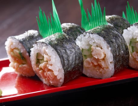 Japanese sushi  traditional japanese food.Roll made of Smoked fish
