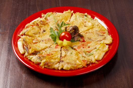 Japanese food close-up Okonomiyaki.(Japanese pizza)