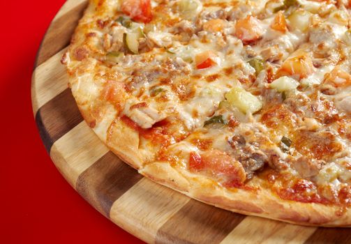 Pizza with smoked hen. italian kitchen. Studio