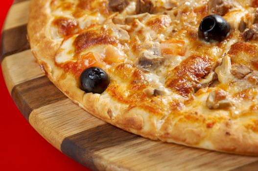 Pizza with ginger beef. italian kitchen. Studio
