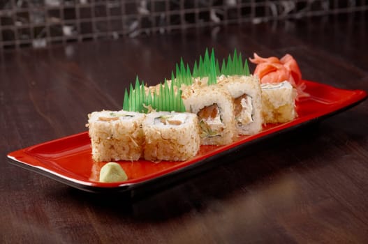 
Japanese sushi  traditional japanese food.Roll made of Smoked fish
