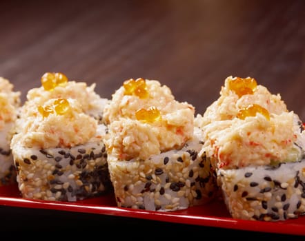 Japanese sushi  traditional japanese food.Roll made of Smoked fish