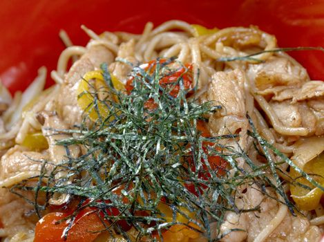  pork  and  soba with vegetable.raditional Japanese food