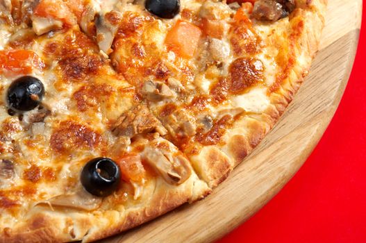 Pizza with ginger beef. italian kitchen. Studio
