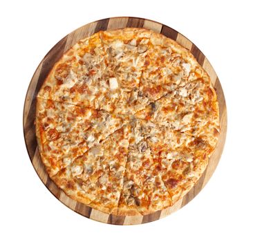 Pizza with chicken and mushroom. italian kitchen. Studio