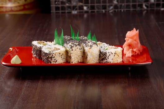 Japanese sushi  traditional japanese food.Roll made of Smoked fish
