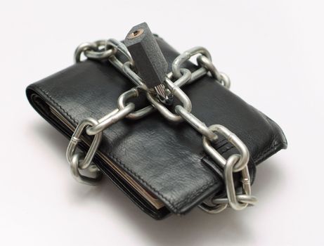 Unlock open wallet purse lock and chain for business money or budget or budget spend with blank label for text