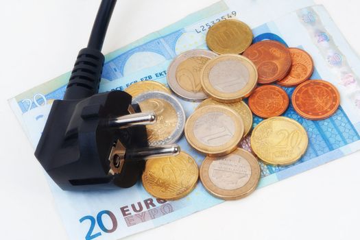 Isolated Power plug with European Banknote and coins - electricity costs concept