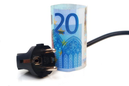 Isolated Power plug with European Banknote - electricity costs concept