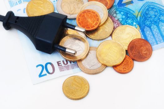Isolated Power plug with European Banknote and coins - electricity costs concept