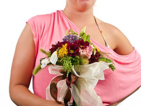 young girl hold bouquet of fresh summer flowers