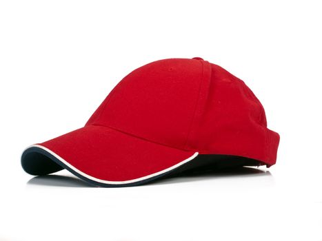 red baseball cap with white border and blue downside