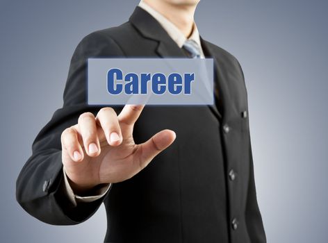 businessman hand pushing career button