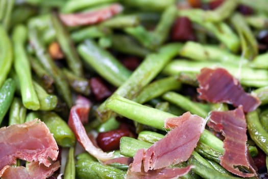 Salad - fried green beans with serrano ham - Spanish cuisine