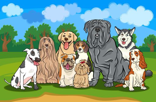 Cartoon Illustration of Funny Purebred Dogs or Puppies Group against Rural Landscape with Blue Sky