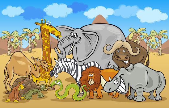 Cartoon Illustration of Funny Safari Wild Animals Group against Blue Sky and African Landscape