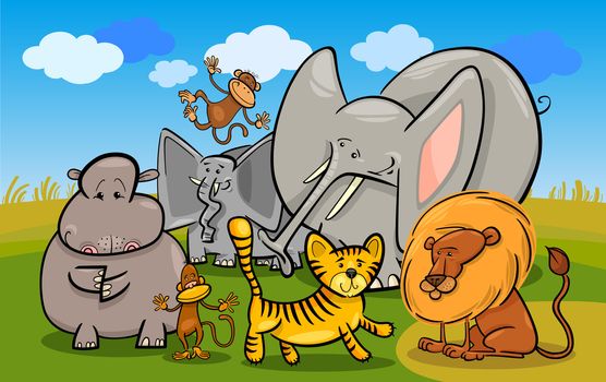 Cartoon Illustration of Cute African Safari Wild Animals Group against Blue Sky