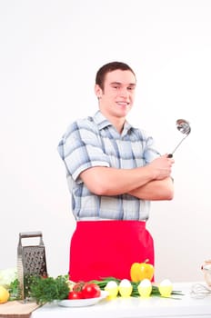 portrait of a young man, hold ladle and smile