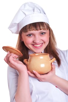 attractive woman keeps a pot of food, white background