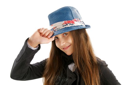 Young Fashion Girl Hold in One's Hand her Blue Hat and Posing on white background
