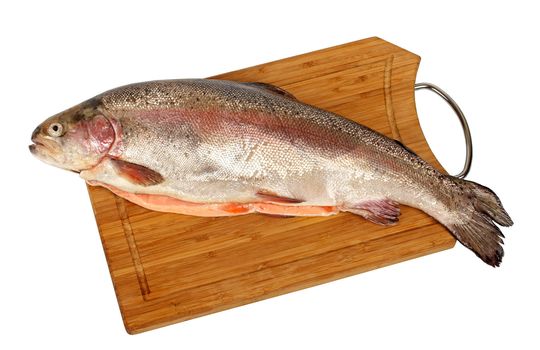Isolated salmon on the cutting board with white background