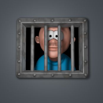 cartoon guy behind riveted steel prison window - 3d illustration