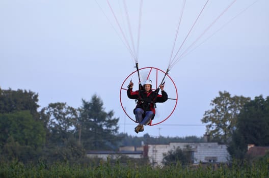 Photo shows a paraglider flies on a background of blue sky.