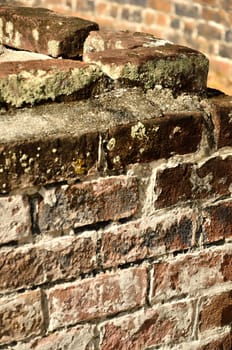Old brick walls meet at a corner