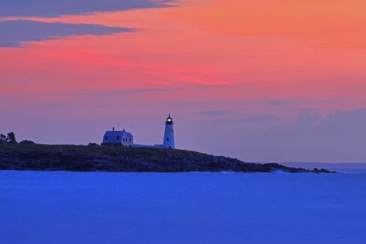 Wood Island Lighthouse at sunrise from East Point Sanctuary