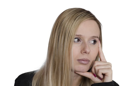 young woman thinking on white background