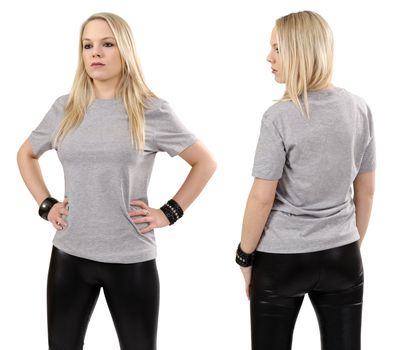Young beautiful blond female posing with a blank gray t-shirt, front and back view. Ready for your design or artwork.