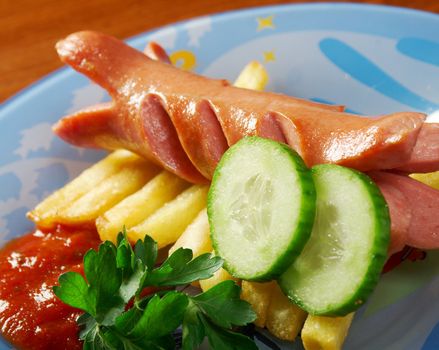 Sausages with vegetables. close up 