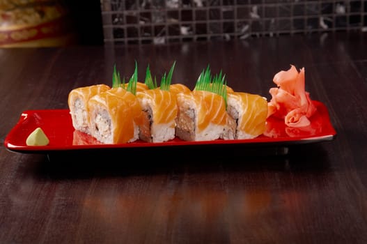 Japanese sushi  traditional japanese food.Roll made of salmon