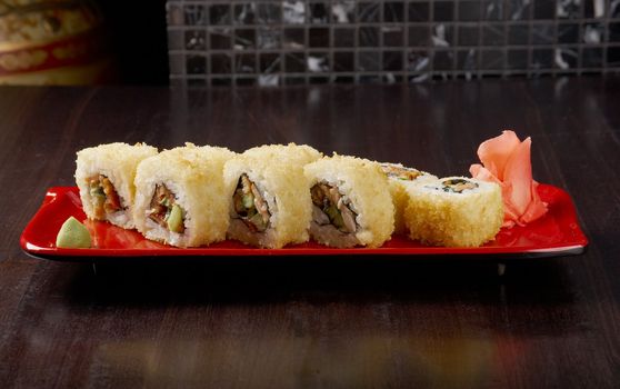 Japanese sushi  traditional japanese food.Roll made of Smoked fish