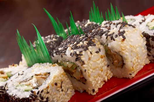 Japanese sushi  traditional japanese food.Roll made of Smoked fish