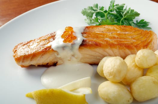 Salmon  with potato .Shallow depth-of-field