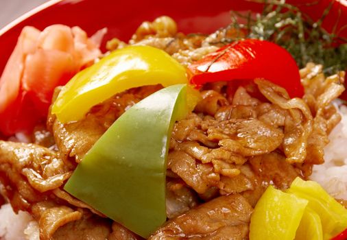 pork slice with rice and vegetable