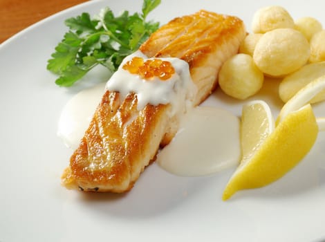 Salmon  with potato .Shallow depth-of-field