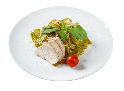 Pasta tagliatelle with pesto sauce basil and grated parmesan