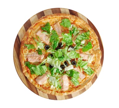 Pizza Atlantic salmon . italian kitchen. Studio
