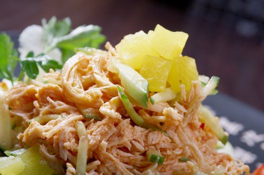 Japan salad with smoked chicken and vegetables   closeup