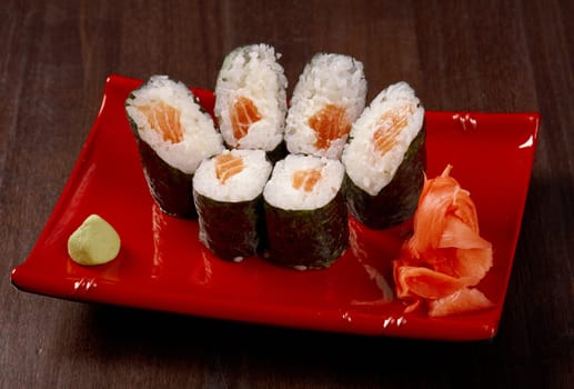 Japanese sushi  traditional japanese food.Roll made of salmon