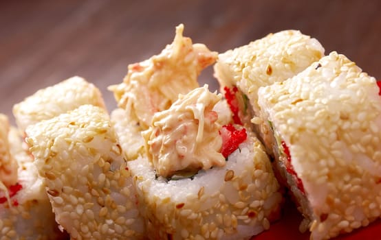 Japanese sushi  traditional japanese food.Roll made of Smoked fish