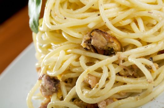 noodles tagliolini with seafood .closeup
