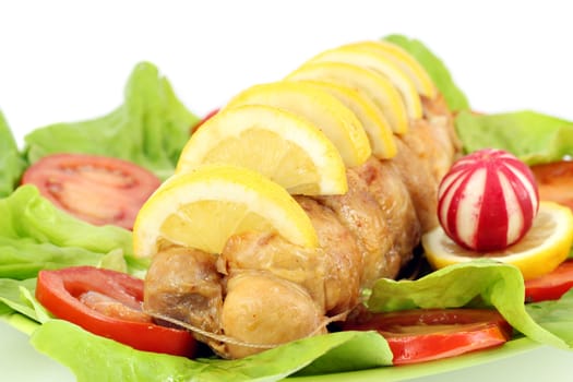 rolled chicken meat with vegetables and fruit
