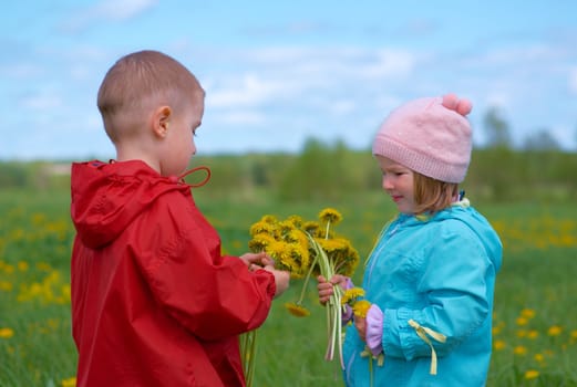 boy and small girl  on meadow with dandelion