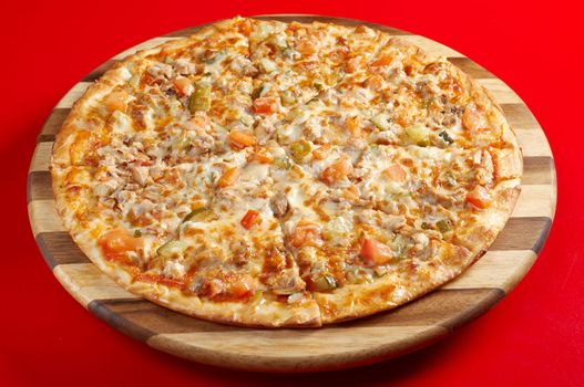 Pizza with smoked hen. italian kitchen. Studio