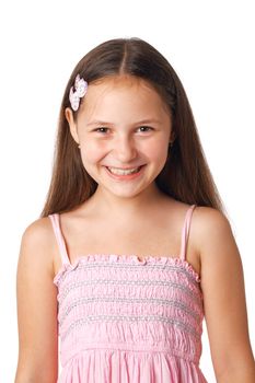 Portrait of a happy Caucasian girl smiling on white background. 
