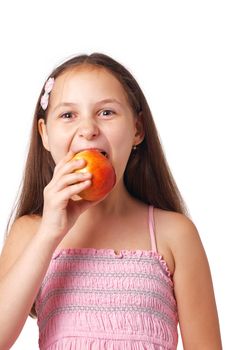 Nice  little girl eating a delicious apple against white. 